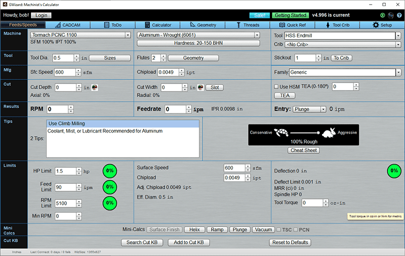 Machining program screenshot with customizable settings and options.