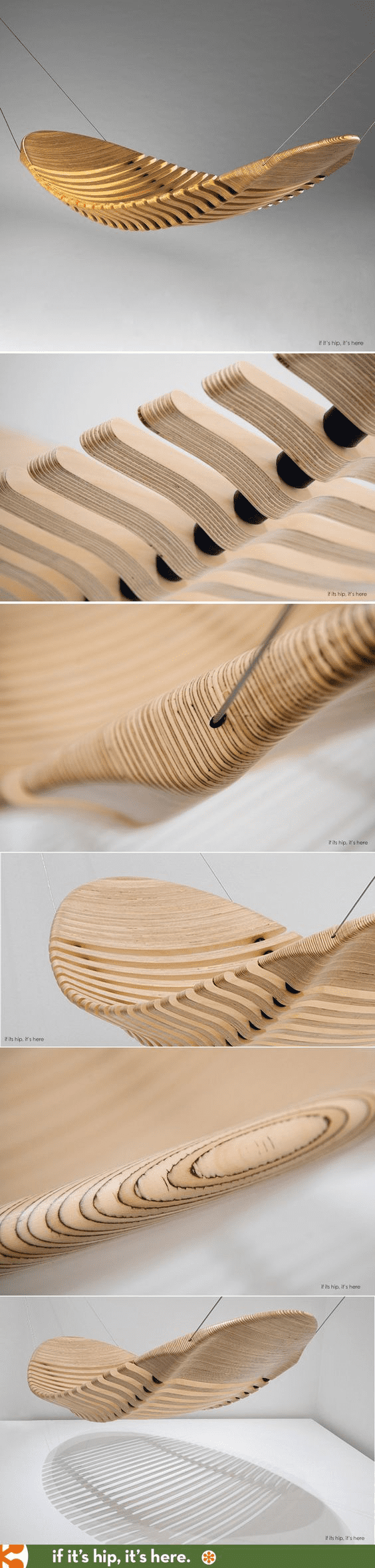 Unique wooden hanging chair or swing suspended from ceiling by thin wires.