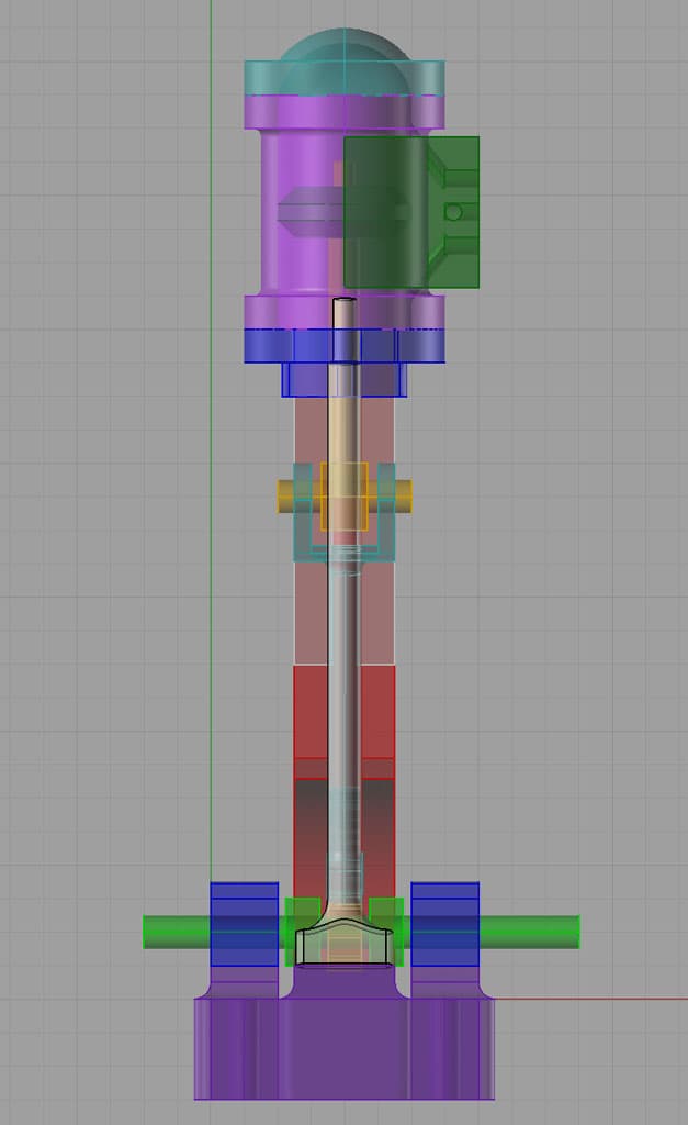 Complex mechanical device with multiple components on a gray background.