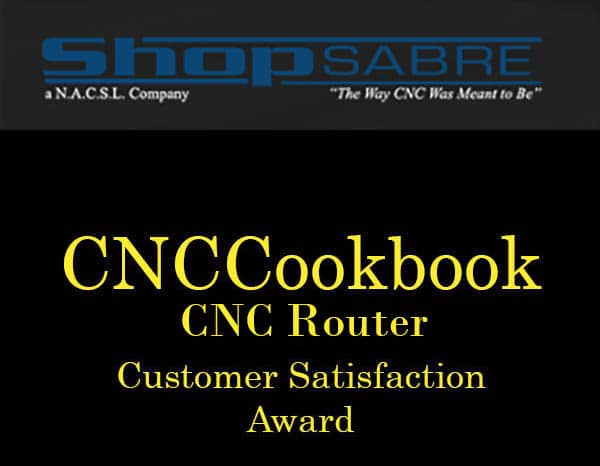 Gold seal with bold font reading CNCCookbook Customer Satisfaction Seal and Shop Sabre logo below.