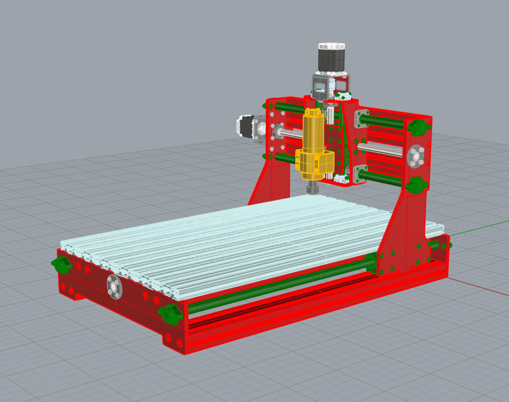 Red CNC machine with green accents on a gray background.