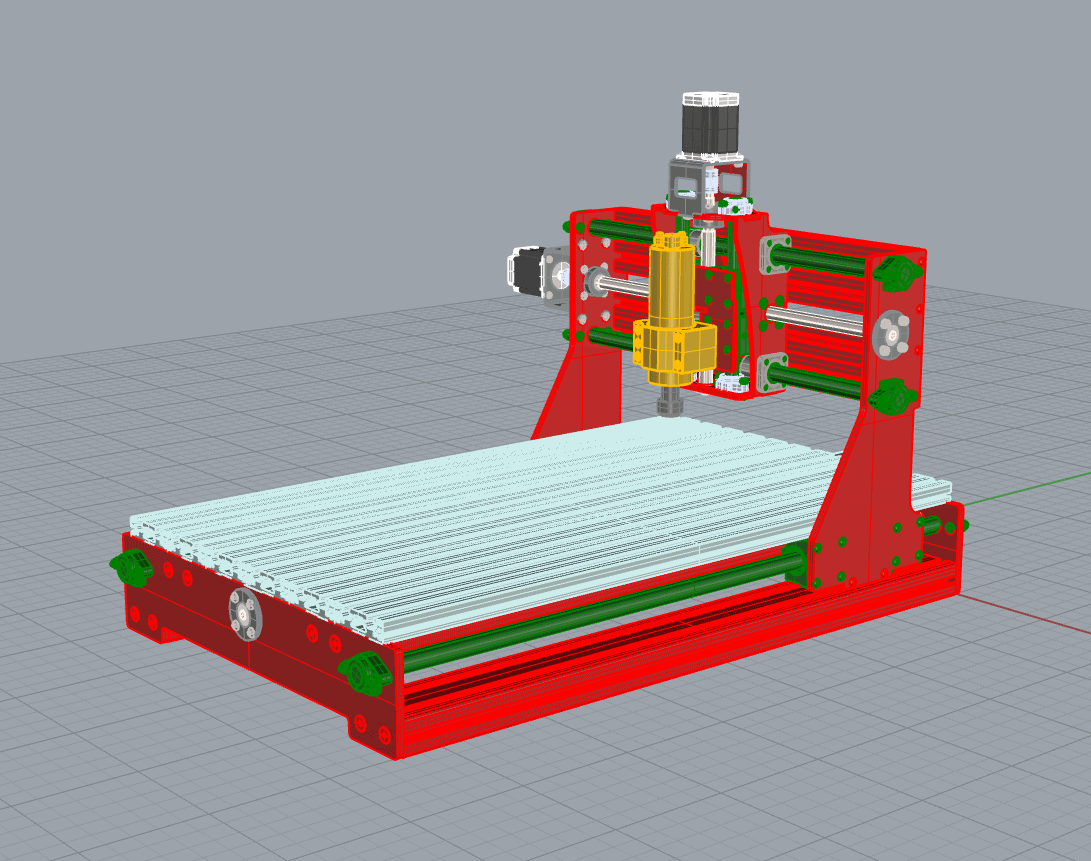 Red metalworking machine with green rollers against gray background.