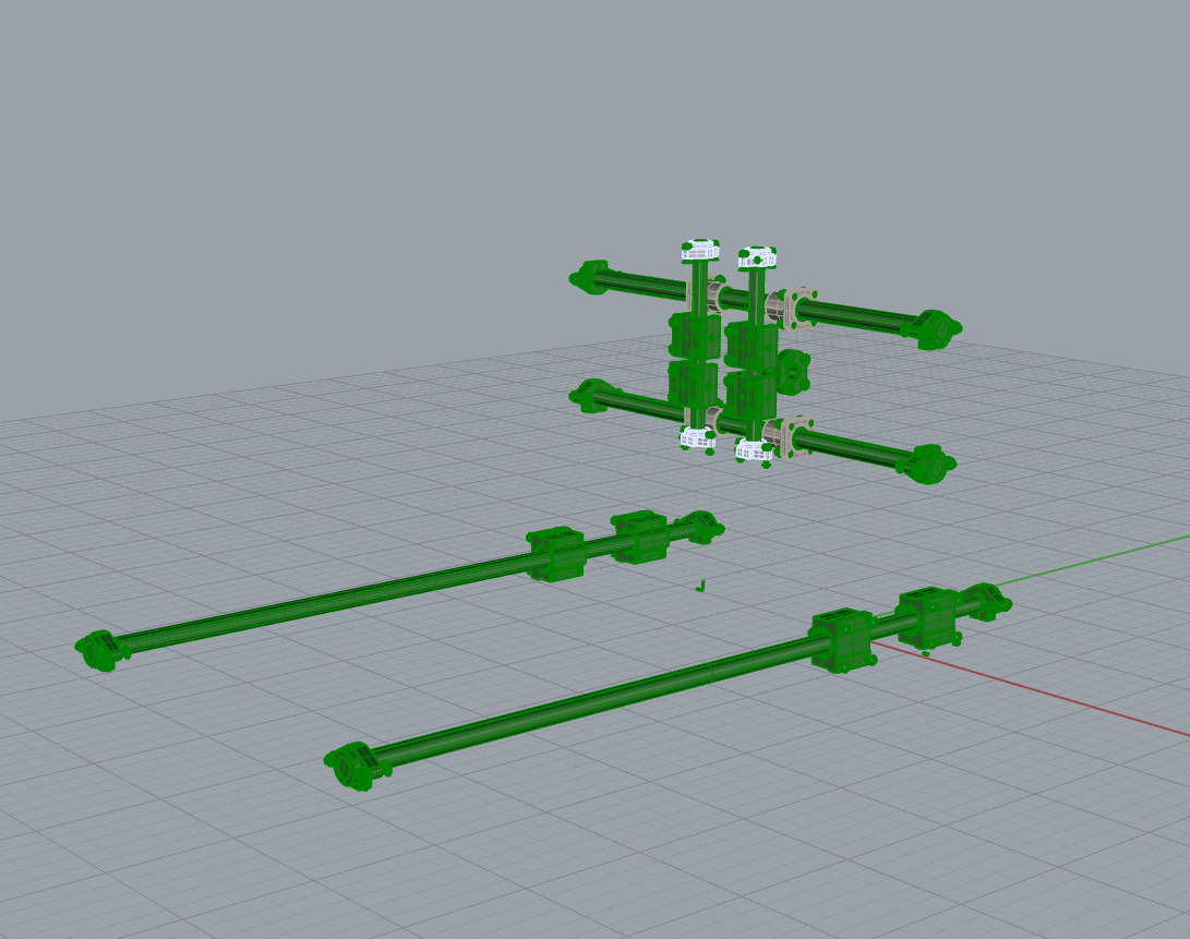 Green mechanical device with rods and joints on gray background with grid pattern.