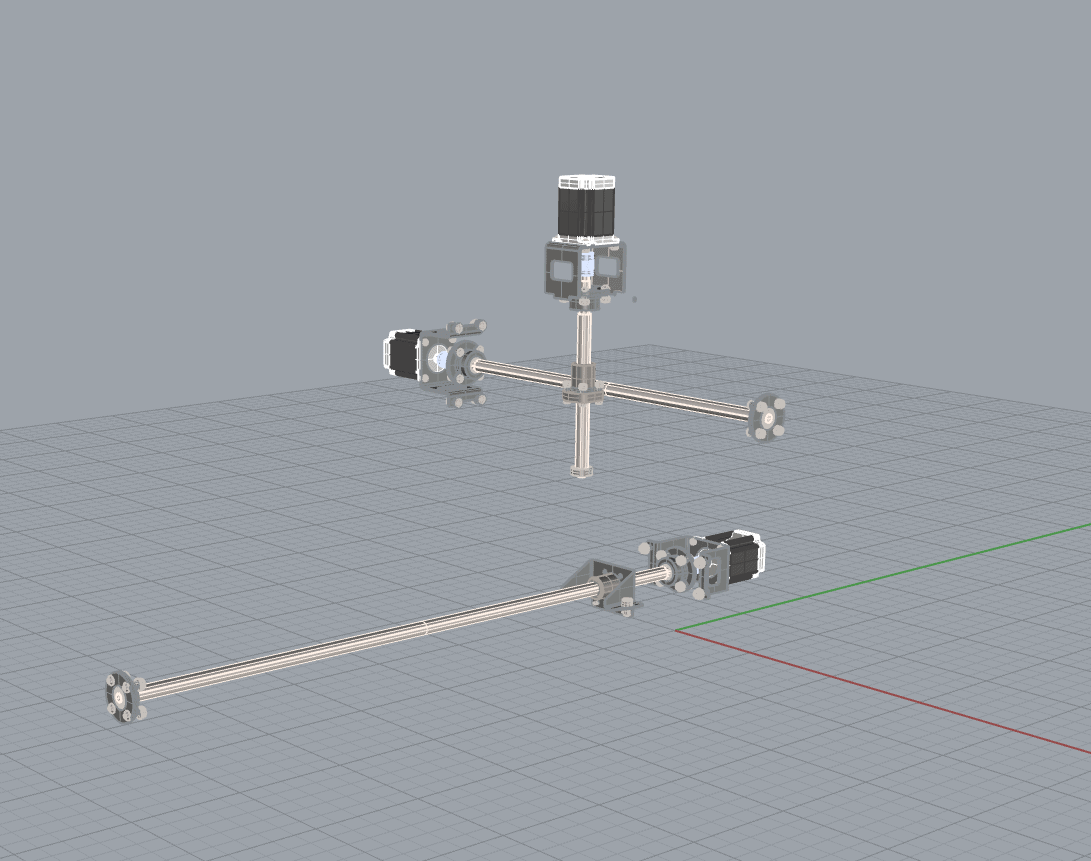 Mechanical device with multiple rods and components, against a gray background.