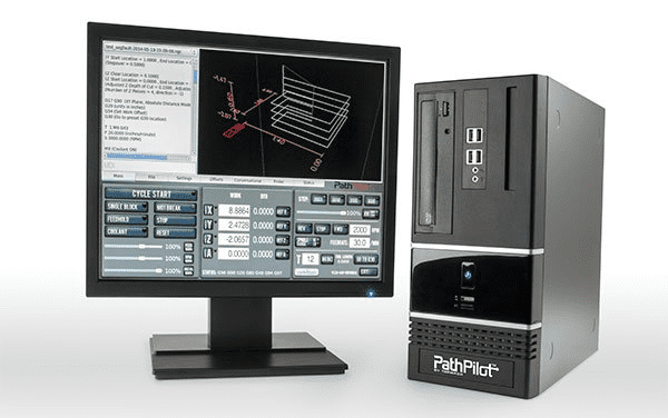 White background with 3D CAD model and PathPilot desktop tower.