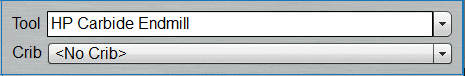 Machining tool selection dropdown menu with "Tool" and "Crib" options.