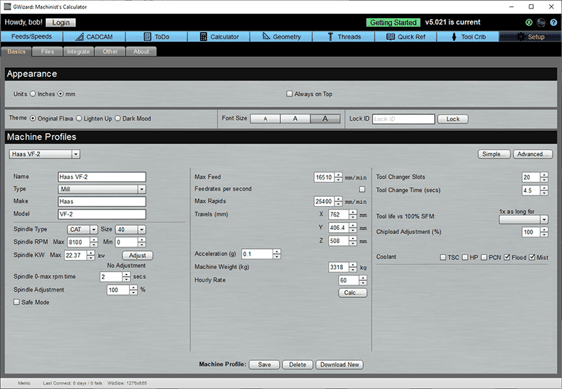 Machining website page with Machine Profiles, Appearance, Tool Control sections.