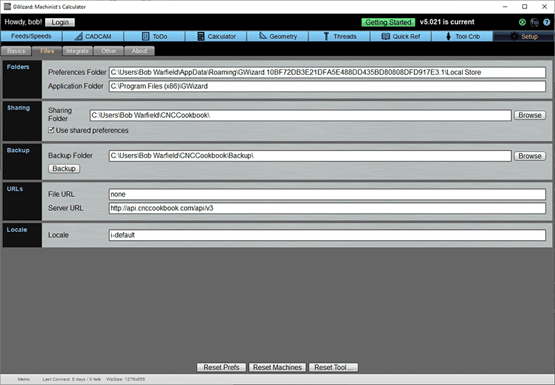 GWizard Machinist's Calculator settings on CNCCookbook.com website.