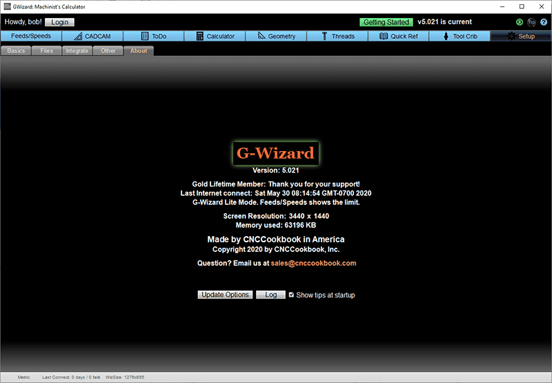 Dark gray background with white text reading "G-Wizard: Machinist's Calculator" and various tabs.