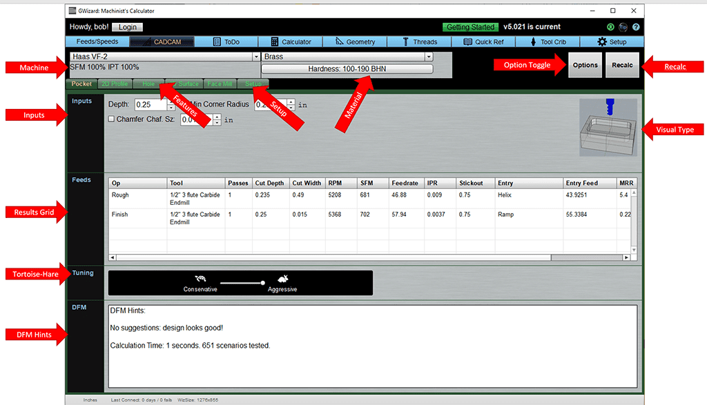 Machine Shop Interface with input fields and calculation options.