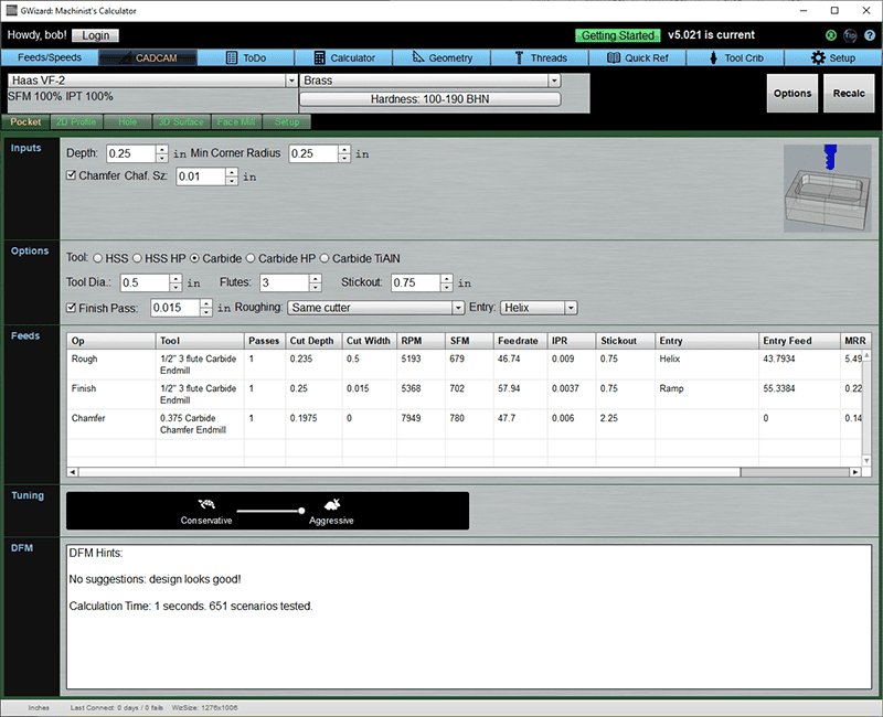 Machining computer program screenshot with tools and settings.