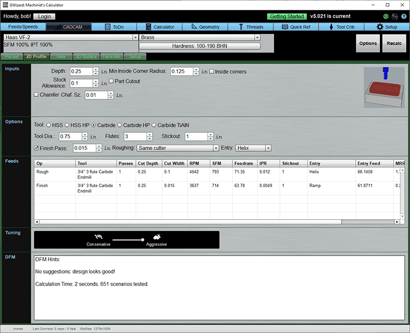 Machining software interface with input fields, drop-down menus and buttons.