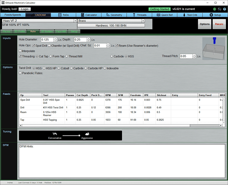 Machining software interface with input fields and calculation results.