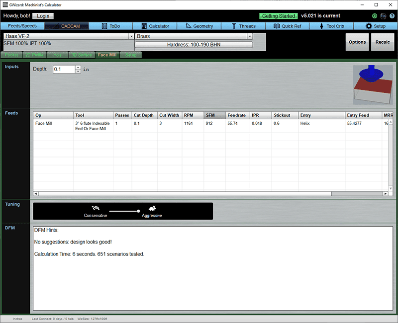 Computer program user interface with input fields, dropdown menus, and buttons for configuring settings and running simulations in a machining application.