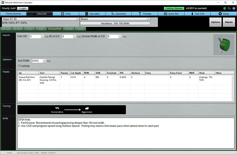 Machining software interface with input fields and customization options.