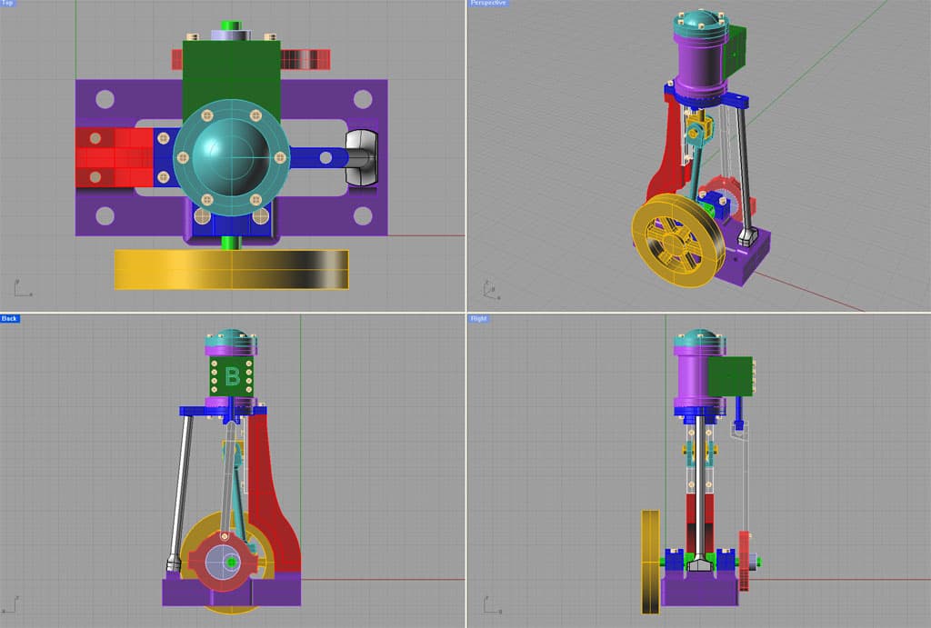 3D mechanical device rendering with complex moving parts and vibrant colors.