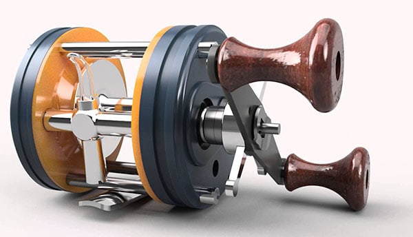 A 3D rendered fishing reel with a wooden handle and metal components.
