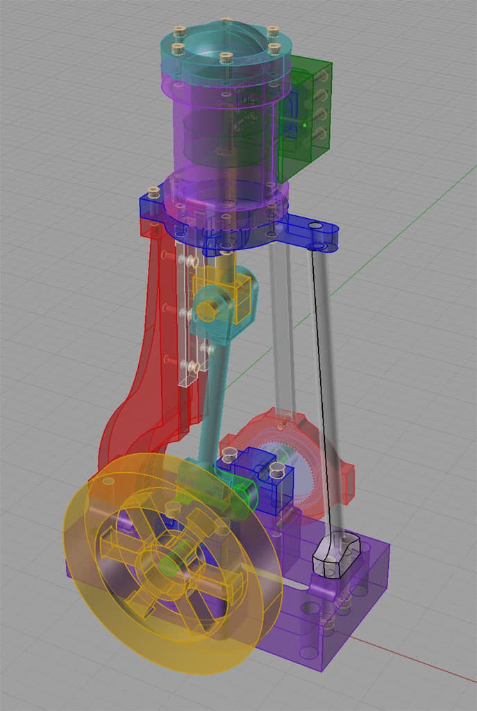 3D rendering of an engine component, likely a piston or cylinder head, with colored lines and shapes highlighting its features.