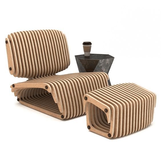 Stacked wooden or plastic pieces forming a curved chair.