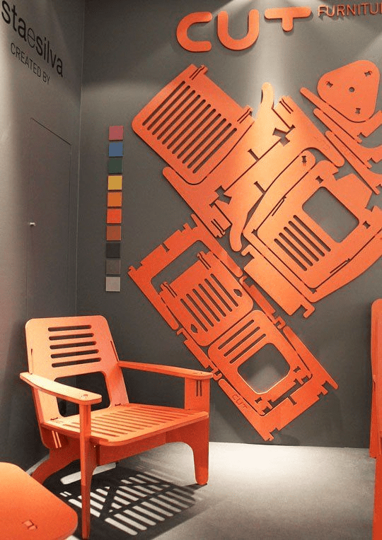 Cut furniture display with assembly stages and orange title "CUT FURNITURE".