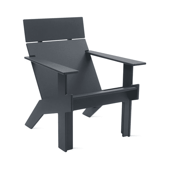 A black outdoor Adirondack chair with armrests, wide seat, and high back, designed for comfort and relaxation.