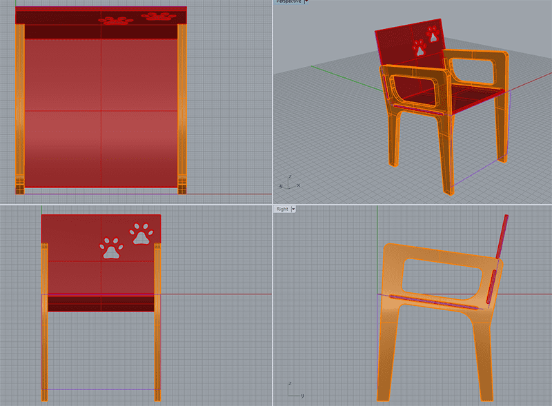 3D modeling program screenshot with chair design in wood-like rectangles and red/orange color scheme.