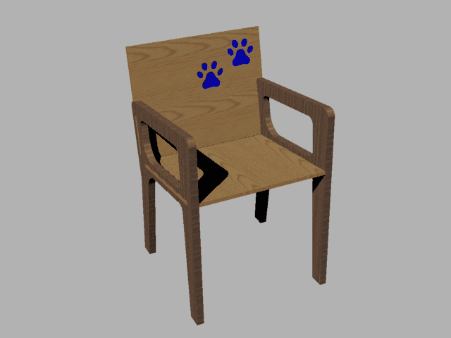 A 3D wooden chair with two blue paw prints on the backrest.