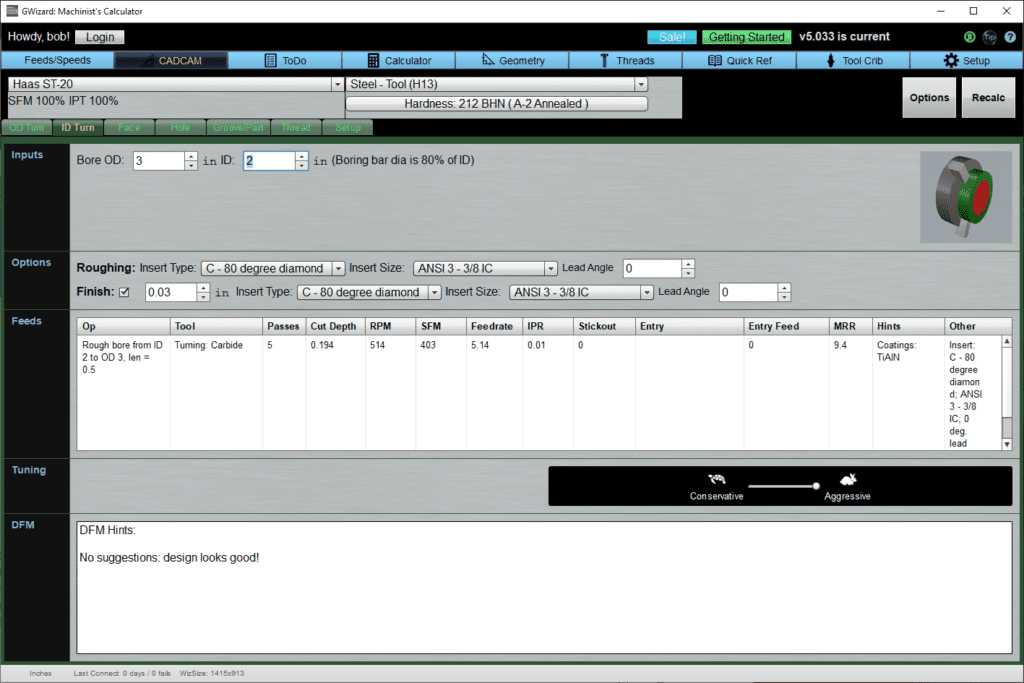 Computer screen displaying machining software with menu bar and tabs for inputs, options, and tuning.