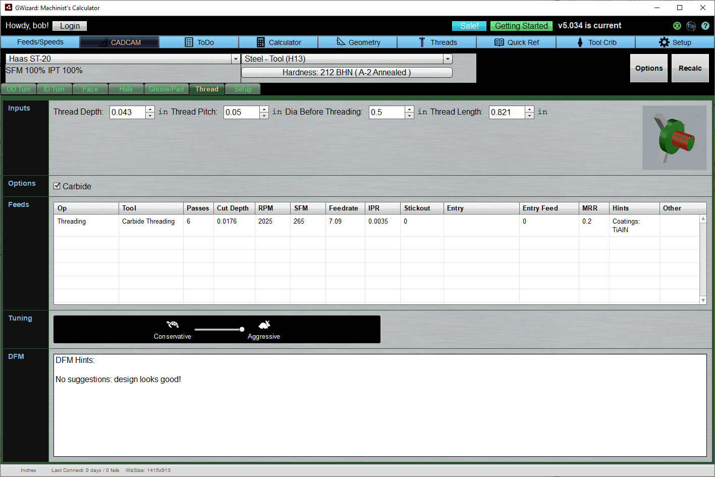 GWizard: Machinist's Calculator software interface screenshot with header bar, input field, buttons, and machining options table.