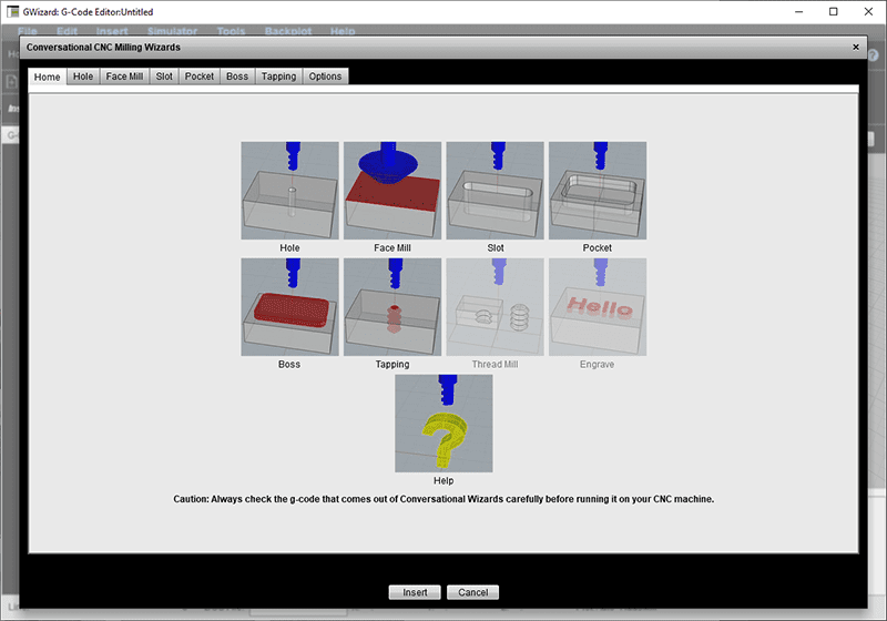 CNC milling wizards interface with tools for hole drilling, milling, and more.