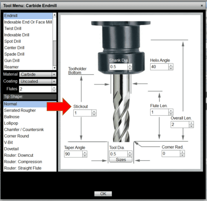 Machining tool menu with endmill, reamer, tap options and material selections in a computer program.