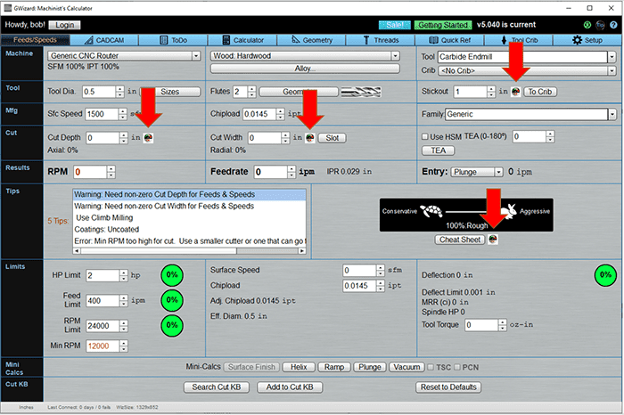 CNCCookbook.com CAM software interface with tool selection, feedrate control, speed adjustments, and material settings.