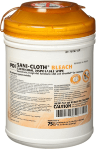 Cylindrical PDI Sani-Cloth Bleach Germicidal Disposable Wipes container with white body and orange lid.