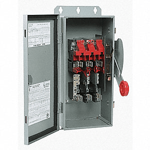 Gray electrical box with open door and red switch.