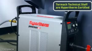Industrial Hypertherm welding machine with white and red design.