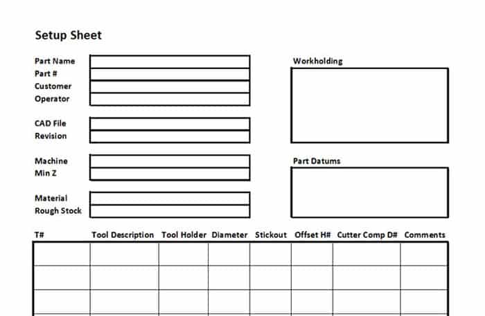 Machining setup sheet template with fields for customer info, machine specs, material, tools, and comments.