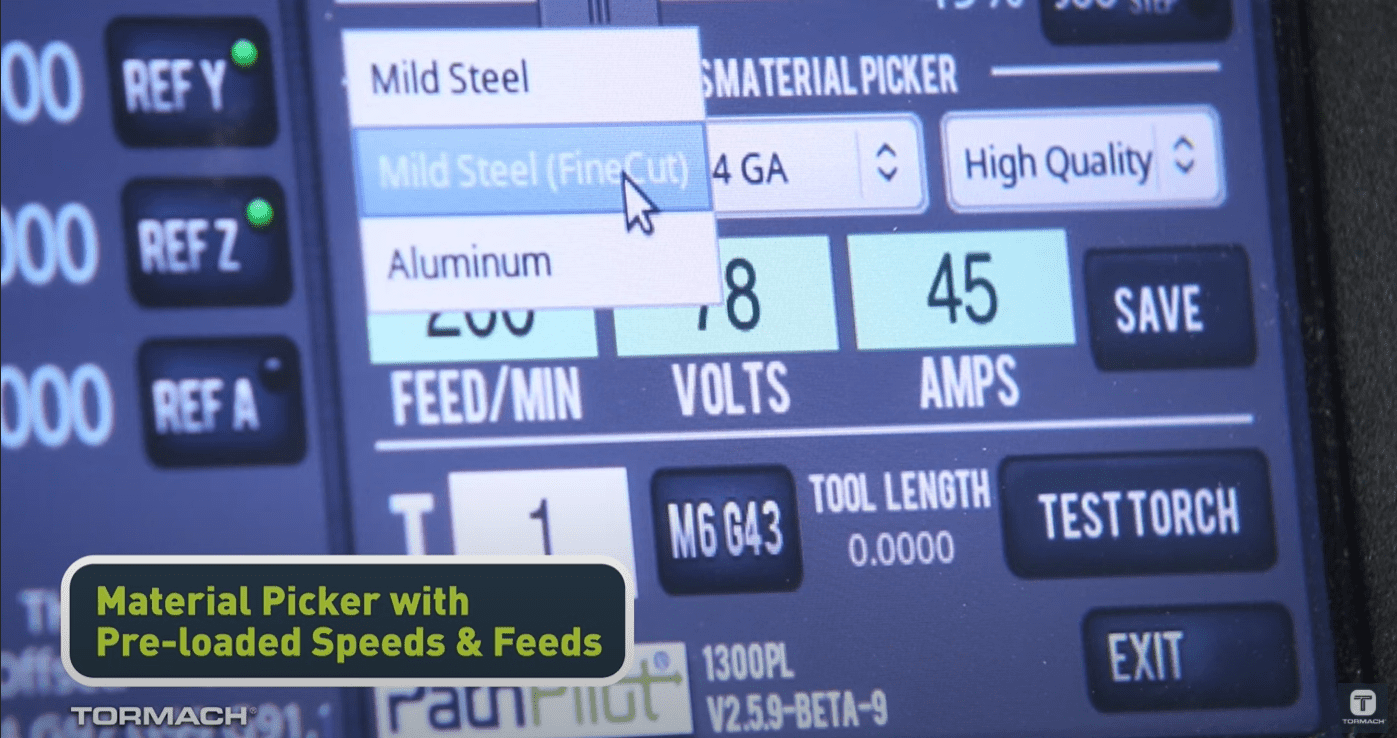 Control panel with various buttons and settings displayed on a screen in a metal fabrication or machining context.