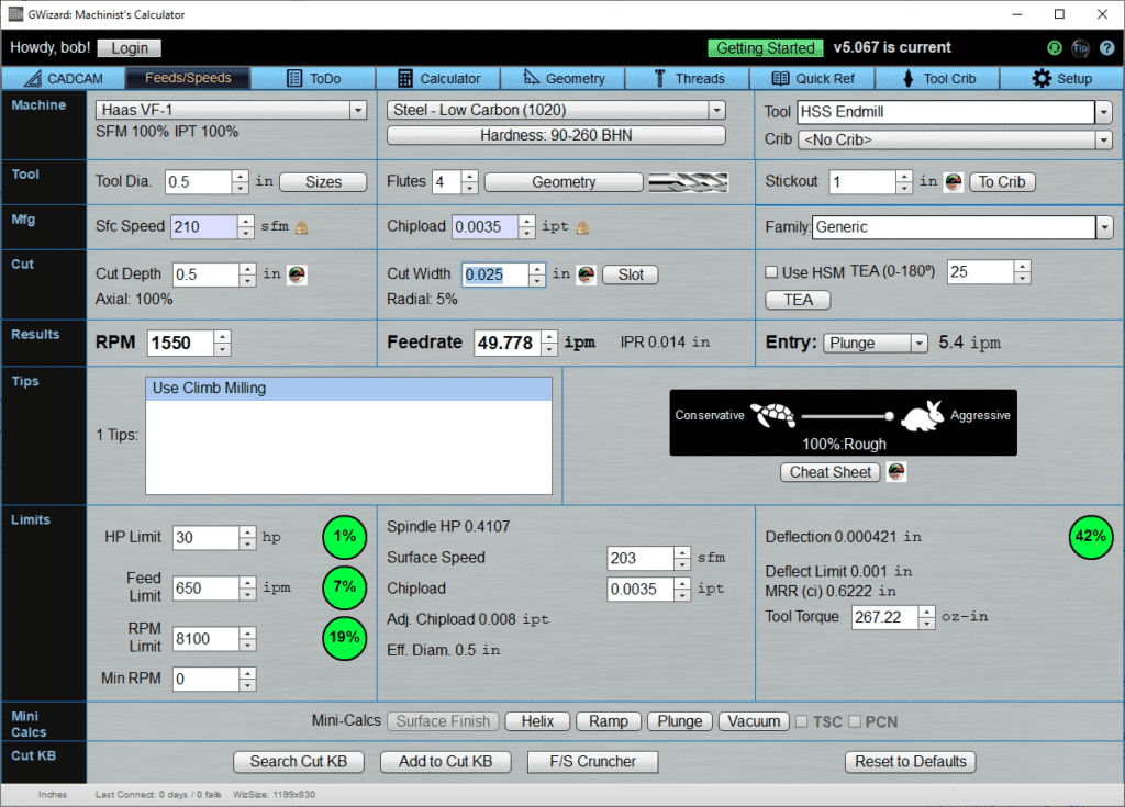 Machining software interface with GWizard: Machinist's Calculator sections.
