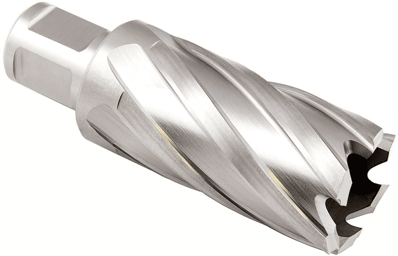 Silver metal drill bit with a twisted design.