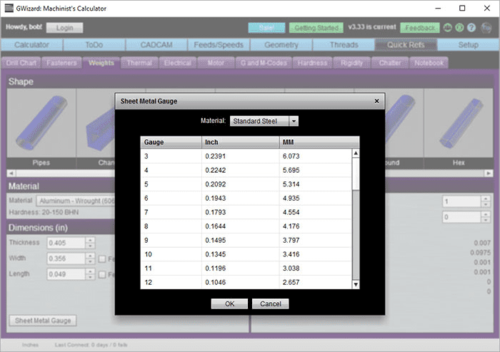 Computer program dialog box displaying metric conversion in Sheet Metal Gauge format.