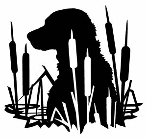 Black silhouette of a dog's head and shoulders amidst tall grass with a white background.