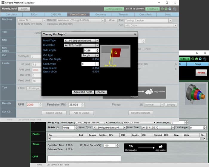 Machining software interface with settings and tools.