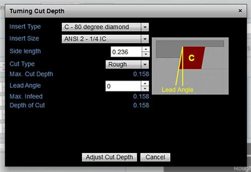 Graphical user interface for setting turning cut depth parameters from CNCCookbook.com.