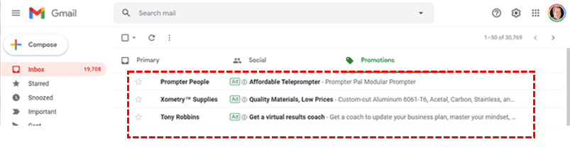 Gmail inbox screenshot on computer screen showing unread emails with sender names and subject lines.