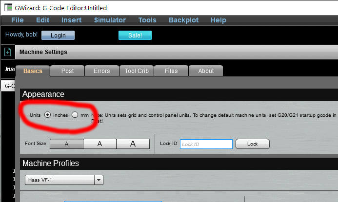 GWizard G-Code Editor interface with inch unit selection.