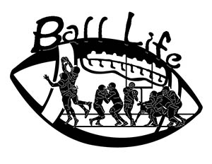 Stylized football with cursive text "Ball Life", containing 5 small silhouette figures inside its oval shape.