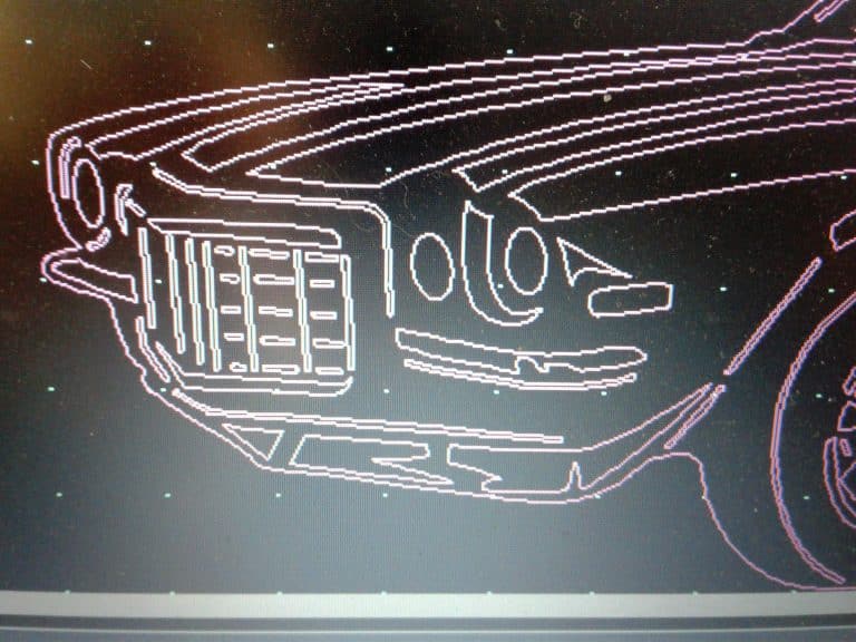 Computer-generated graphic of a car front end rendered in white on black.