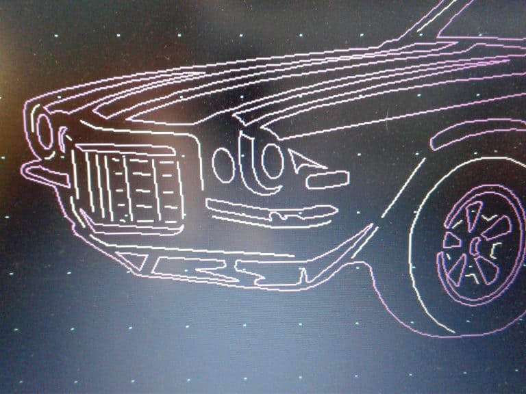 A digital illustration of a car's front end in white lines on a gray background with blue and orange hues.