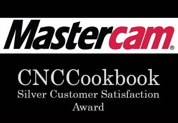 Mastercam logo and CNCCookbook Silver Customer Satisfaction Award text on a white and dark gray background.