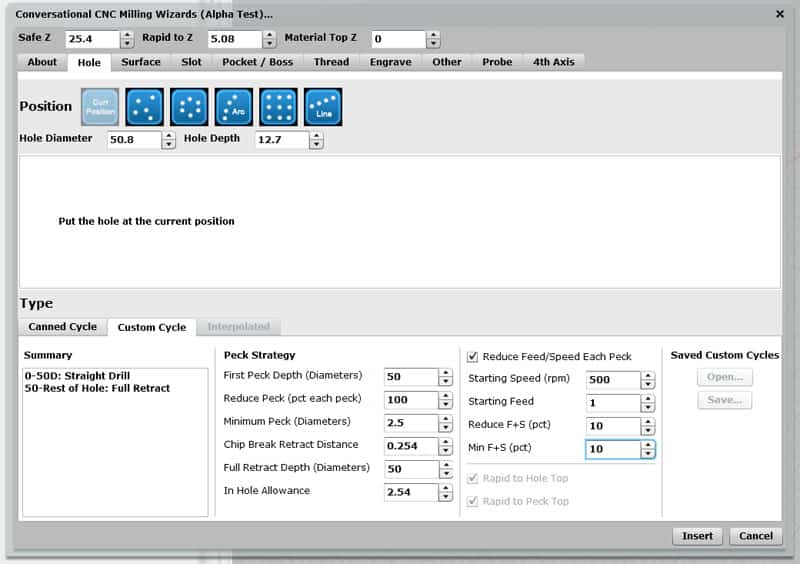 CNC Milling Wizards configuration options screenshot displaying "Position", "Type", and "Summary" tabs.